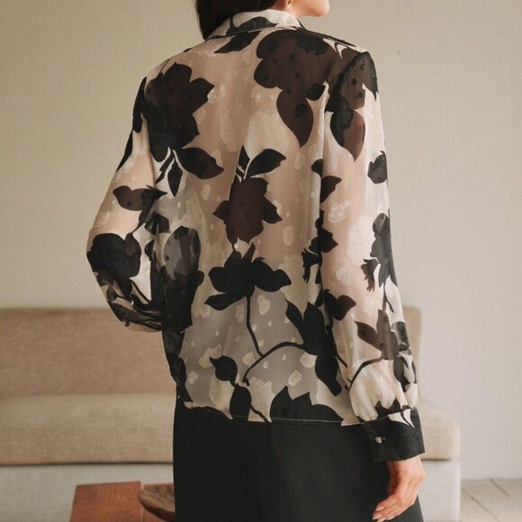 Black Casual Women's French Jacquard floral print Long Sleeved Shirt blouse - Picture 5 of 8